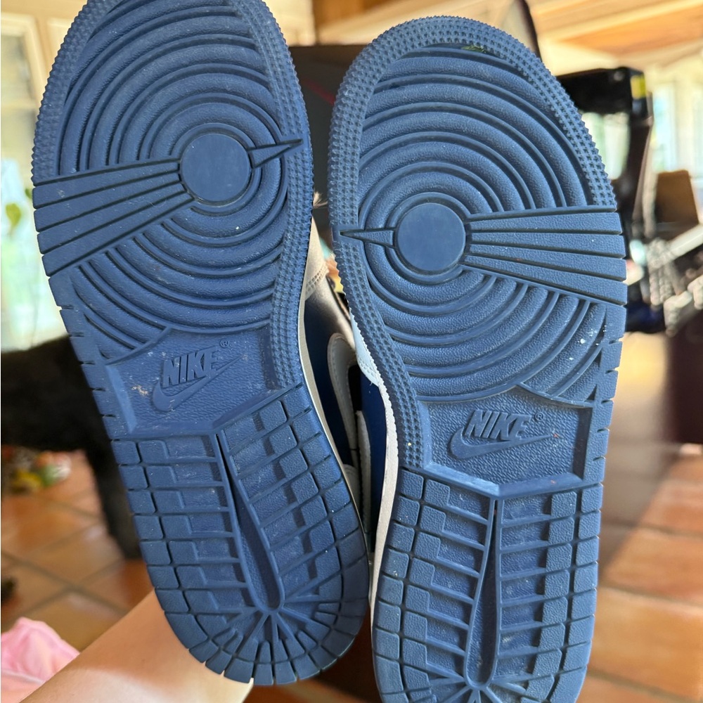 Nike Air Jordan 1 Mid White and Navy Leather Sneakers - Picture 6 of 7